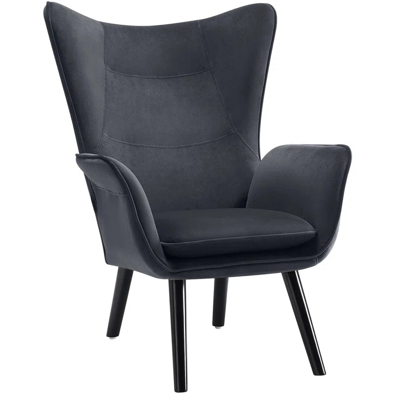 THE CASA ORO® Upholstered Accent Wing Armchair Solid Metal Frame and Rubber Wood Legs with Wooden Boards & High-Elastic Sponge(Dark Gray Velvet)