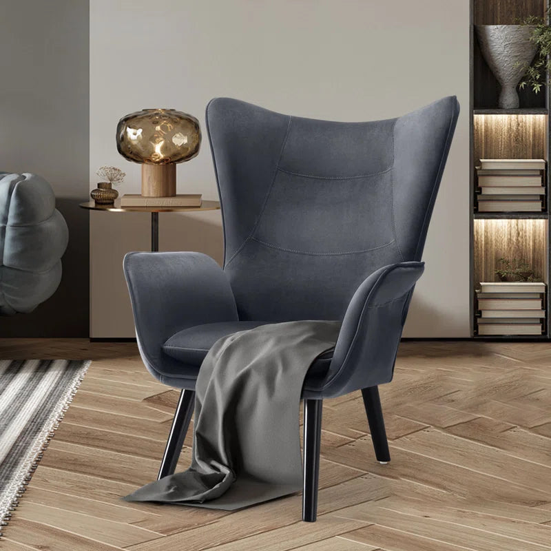 THE CASA ORO® Upholstered Accent Wing Armchair Solid Metal Frame and Rubber Wood Legs with Wooden Boards & High-Elastic Sponge(Dark Gray Velvet)