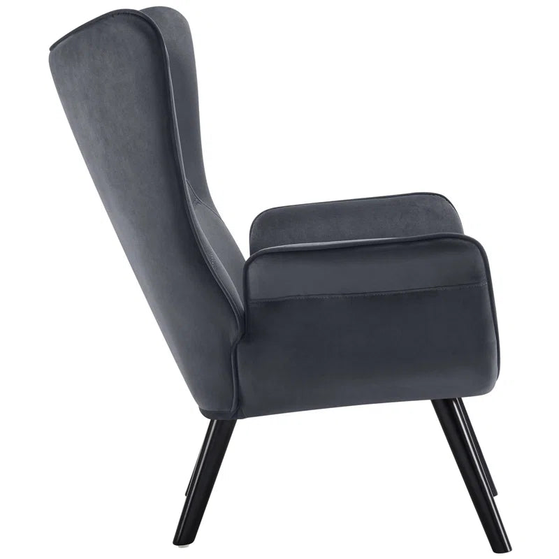 THE CASA ORO® Upholstered Accent Wing Armchair Solid Metal Frame and Rubber Wood Legs with Wooden Boards & High-Elastic Sponge(Dark Gray Velvet)