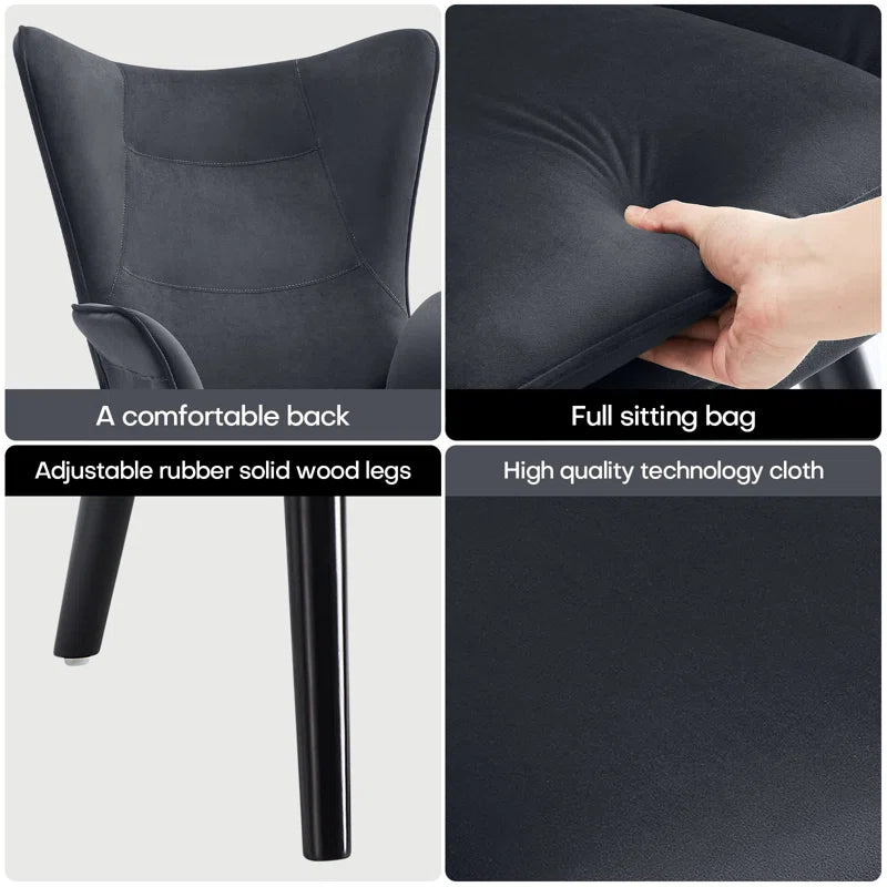 THE CASA ORO® Upholstered Accent Wing Armchair Solid Metal Frame and Rubber Wood Legs with Wooden Boards & High-Elastic Sponge(Dark Gray Velvet)