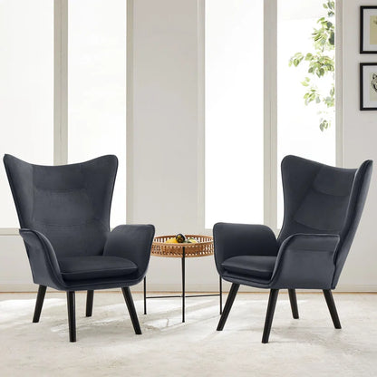 THE CASA ORO® Upholstered Accent Wing Armchair Solid Metal Frame and Rubber Wood Legs with Wooden Boards & High-Elastic Sponge(Dark Gray Velvet)