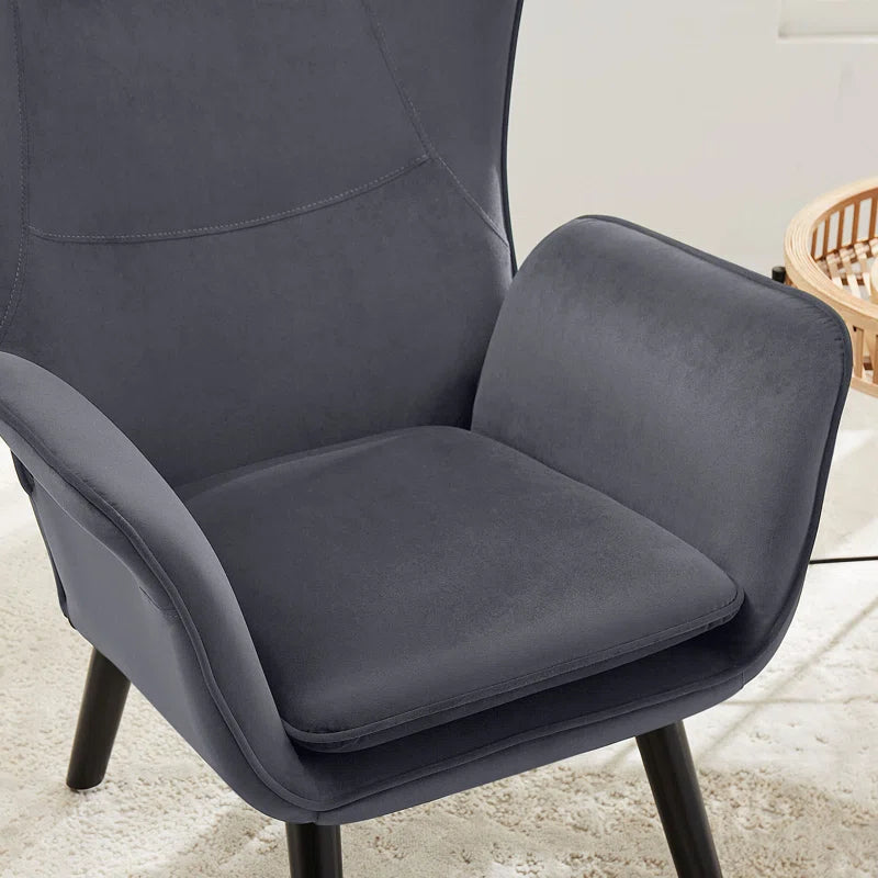 THE CASA ORO® Upholstered Accent Wing Armchair Solid Metal Frame and Rubber Wood Legs with Wooden Boards & High-Elastic Sponge(Dark Gray Velvet)