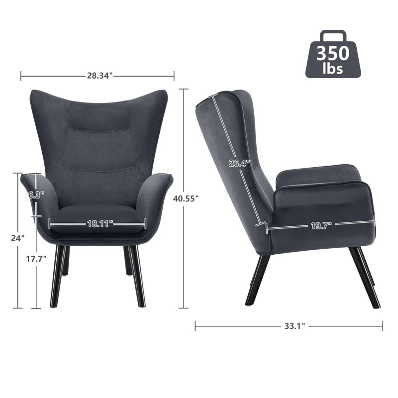 THE CASA ORO® Upholstered Accent Wing Armchair Solid Metal Frame and Rubber Wood Legs with Wooden Boards & High-Elastic Sponge(Dark Gray Velvet)