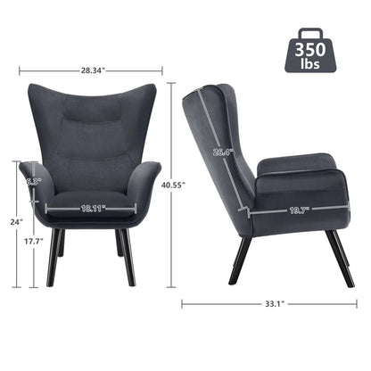 THE CASA ORO® Upholstered Accent Wing Armchair Solid Metal Frame and Rubber Wood Legs with Wooden Boards & High-Elastic Sponge(Dark Gray Velvet)