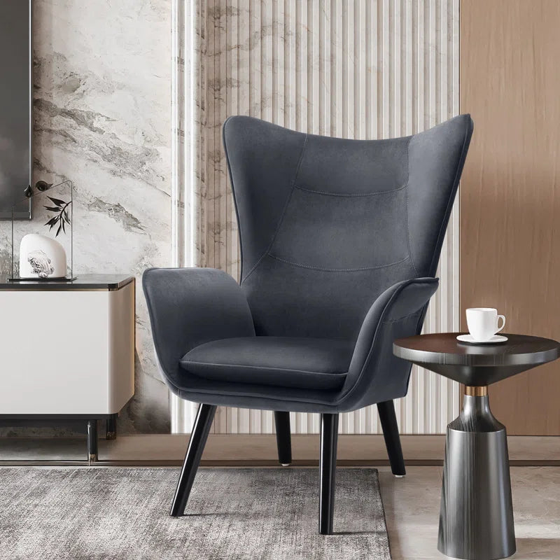 THE CASA ORO® Upholstered Accent Wing Armchair Solid Metal Frame and Rubber Wood Legs with Wooden Boards & High-Elastic Sponge(Dark Gray Velvet)