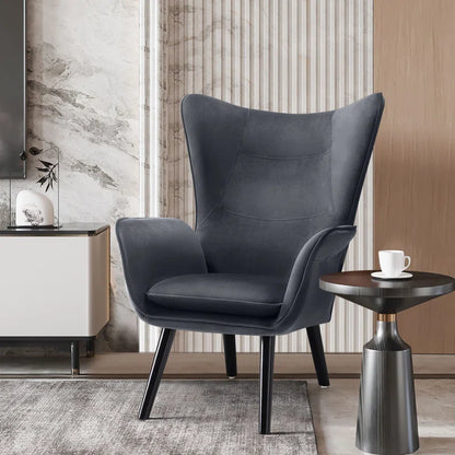 THE CASA ORO® Upholstered Accent Wing Armchair Solid Metal Frame and Rubber Wood Legs with Wooden Boards & High-Elastic Sponge(Dark Gray Velvet)
