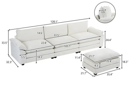 L-Shape Sectional Sofa: 120'' Upholstered Cloud Sofa & Couch with Ottoman(Beige Chenille)