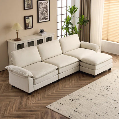 THE CASA ORO® L-Shape Sectional Sofa: 120'' Upholstered Cloud Sofa & Couch with Ottoman(Beige Polyester)