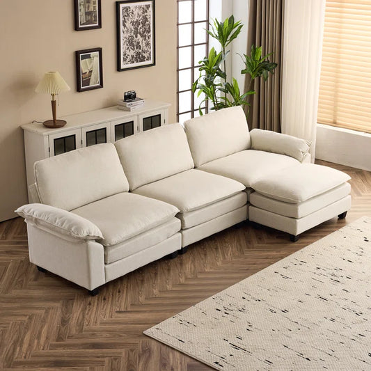 THE CASA ORO® L-Shape Sectional Sofa: 120'' Upholstered Cloud Sofa & Couch with Ottoman(Beige Polyester)