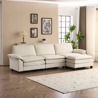 THE CASA ORO® L-Shape Sectional Sofa: 120'' Upholstered Cloud Sofa & Couch with Ottoman(Beige Polyester)
