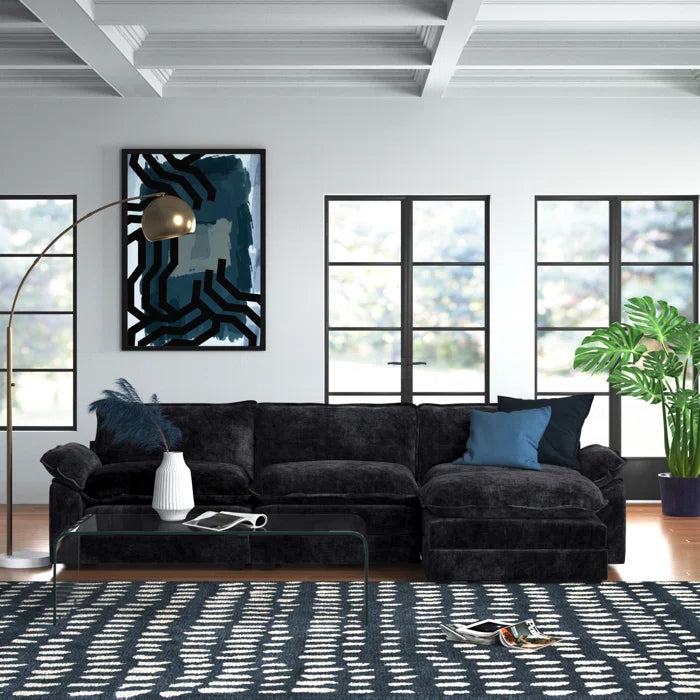 L-Shape Sectional Sofa: 120'' Upholstered Cloud Sofa & Couch with Ottoman(Black Chenille)