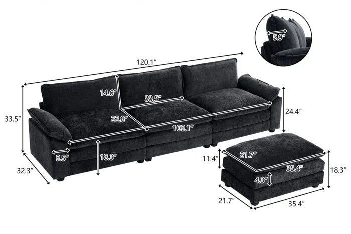 L-Shape Sectional Sofa: 120'' Upholstered Cloud Sofa & Couch with Ottoman(Black Chenille)