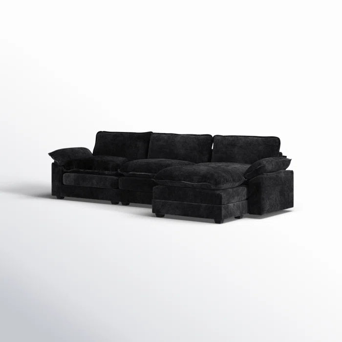 L-Shape Sectional Sofa: 120'' Upholstered Cloud Sofa & Couch with Ottoman(Black Chenille)