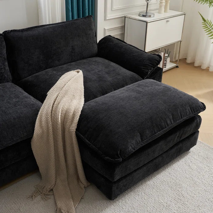L-Shape Sectional Sofa: 120'' Upholstered Cloud Sofa & Couch with Ottoman(Black Chenille)