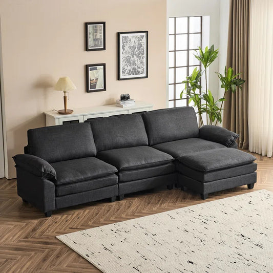 L-Shape Sectional Sofa: 120'' Upholstered Cloud Sofa & Couch with Ottoman(Black Polyester)