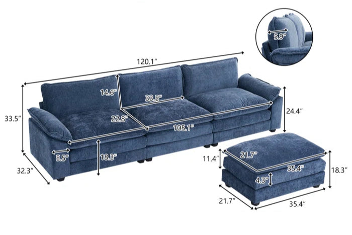 L-Shape Sectional Sofa: 120'' Upholstered Cloud Sofa & Couch with Ottoman(Blue Chenille)
