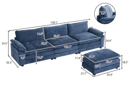 L-Shape Sectional Sofa: 120'' Upholstered Cloud Sofa & Couch with Ottoman(Blue Chenille)