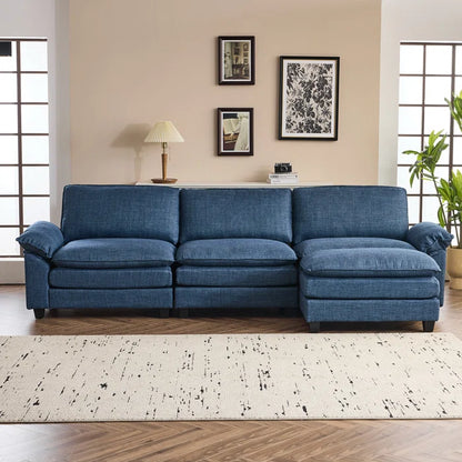 L-Shape Sectional Sofa: 120'' Upholstered Cloud Sofa & Couch with Ottoman(Blue Polyester)