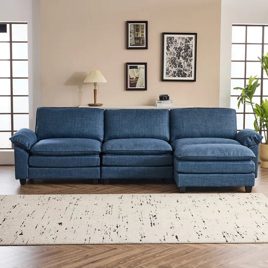 L-Shape Sectional Sofa: 120'' Upholstered Cloud Sofa & Couch with Ottoman(Blue Polyester)