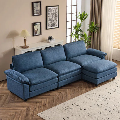 L-Shape Sectional Sofa: 120'' Upholstered Cloud Sofa & Couch with Ottoman(Blue Polyester)
