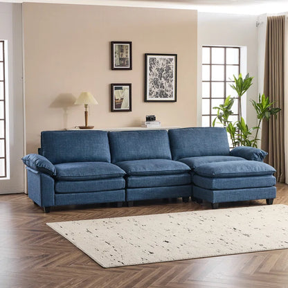 L-Shape Sectional Sofa: 120'' Upholstered Cloud Sofa & Couch with Ottoman(Blue Polyester)