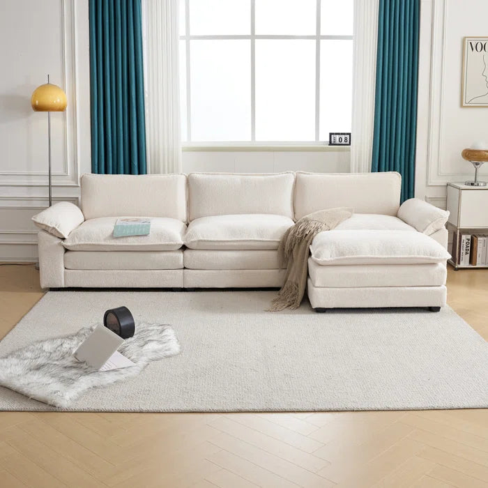 L-Shape Sectional Sofa: 120'' Upholstered Cloud Sofa & Couch with Ottoman(White Faux Sherpa)
