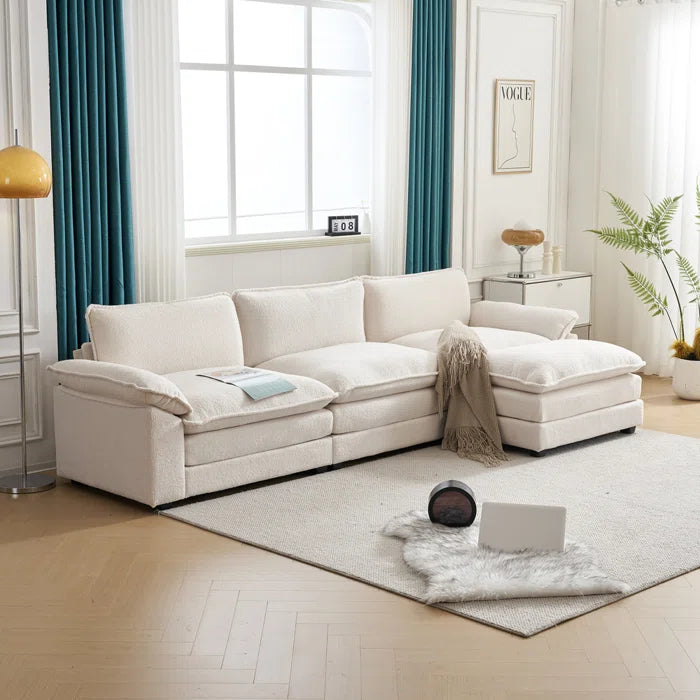 L-Shape Sectional Sofa: 120'' Upholstered Cloud Sofa & Couch with Ottoman(White Faux Sherpa)