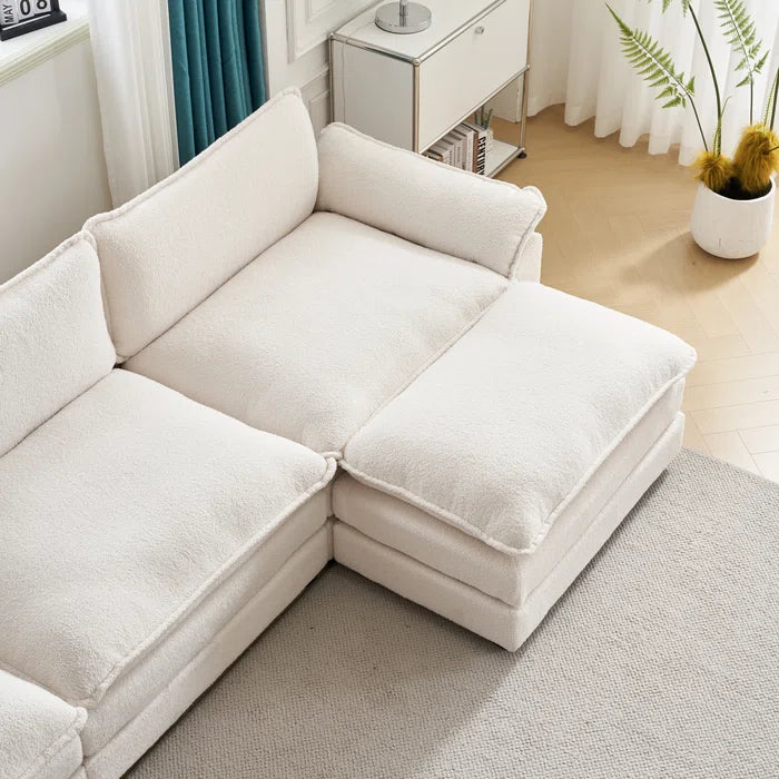 L-Shape Sectional Sofa: 120'' Upholstered Cloud Sofa & Couch with Ottoman(White Faux Sherpa)