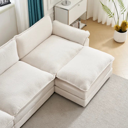 L-Shape Sectional Sofa: 120'' Upholstered Cloud Sofa & Couch with Ottoman(White Faux Sherpa)