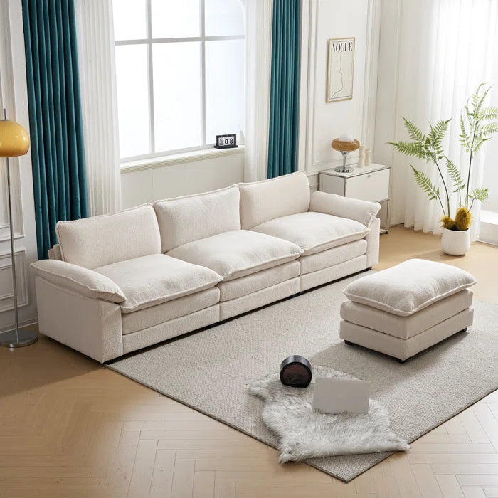 L-Shape Sectional Sofa: 120'' Upholstered Cloud Sofa & Couch with Ottoman(White Faux Sherpa)