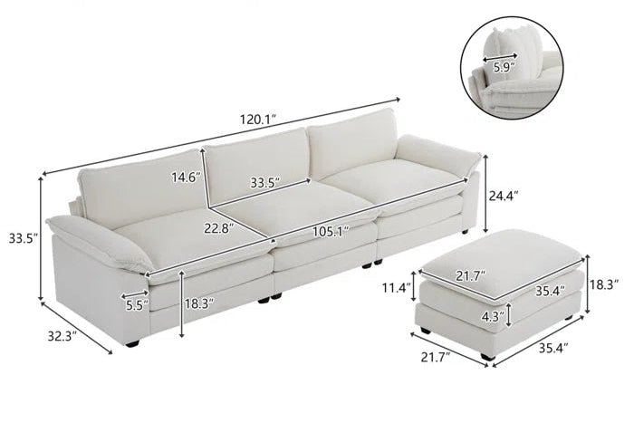 L-Shape Sectional Sofa: 120'' Upholstered Cloud Sofa & Couch with Ottoman(White Faux Sherpa)