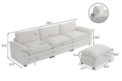 L-Shape Sectional Sofa: 120'' Upholstered Cloud Sofa & Couch with Ottoman(White Faux Sherpa)