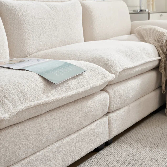 L-Shape Sectional Sofa: 120'' Upholstered Cloud Sofa & Couch with Ottoman(White Faux Sherpa)