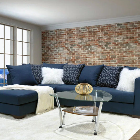 L-Shape Sectional Sofa: Upholstered Corner Chaise Sectional with Reversible Seat Cushions(Blue/White Geometric Polyester Blend)