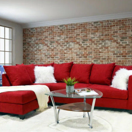 L-Shape Sectional Sofa: Upholstered Corner Chaise Sectional with Reversible Seat Cushions(Red/White Polyester Blend)
