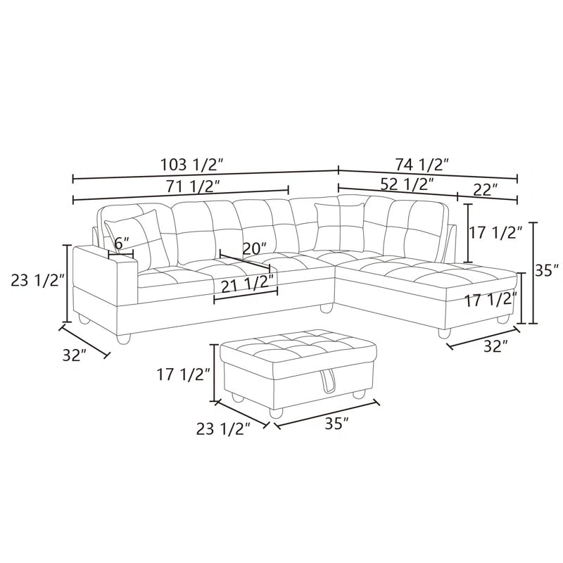 L-Shape Sectional Sofa: 103.5" Upholstered L-Shape Sectional(Black)