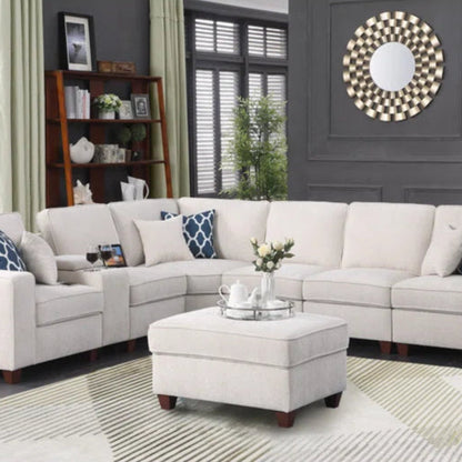 L Shape Sectional Sofa: 6 Seater Upholstered Sectional Sofa (Beige Chenille)