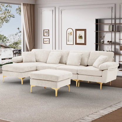 L-Shape Sectional Sofa: 4 - Piece Upholstered Sectional with Ottoman(Beige Velvet)