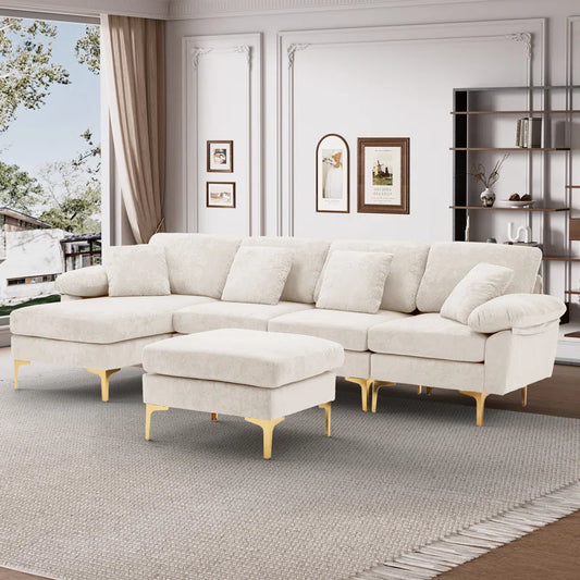 L-Shape Sectional Sofa: 4 - Piece Upholstered Sectional with Ottoman(Beige Velvet)