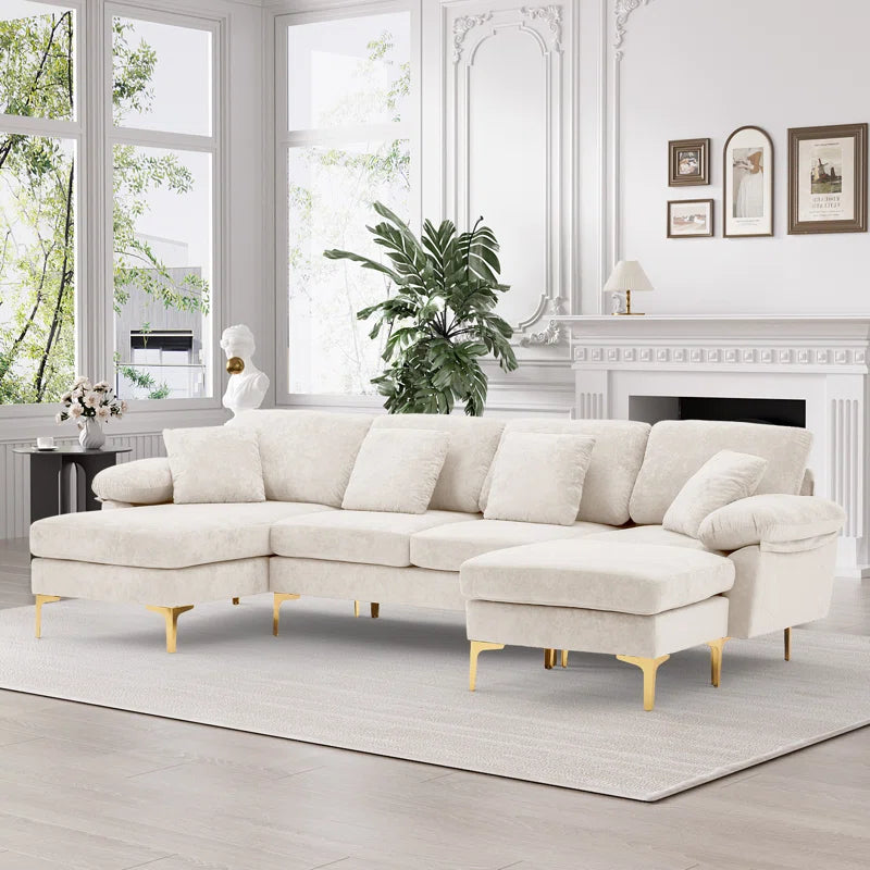 L-Shape Sectional Sofa: 4 - Piece Upholstered Sectional with Ottoman(Beige Velvet)
