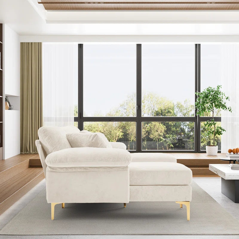 L-Shape Sectional Sofa: 4 - Piece Upholstered Sectional with Ottoman(Beige Velvet)