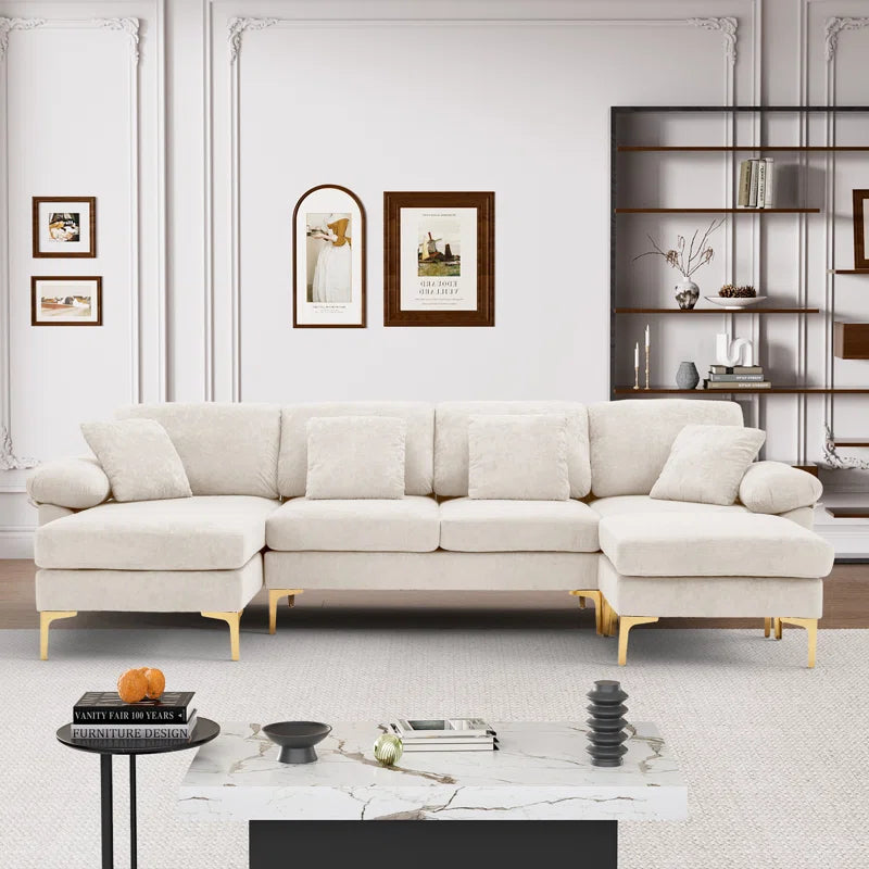 L-Shape Sectional Sofa: 4 - Piece Upholstered Sectional with Ottoman(Beige Velvet)