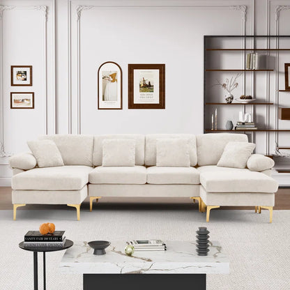 L-Shape Sectional Sofa: 4 - Piece Upholstered Sectional with Ottoman(Beige Velvet)
