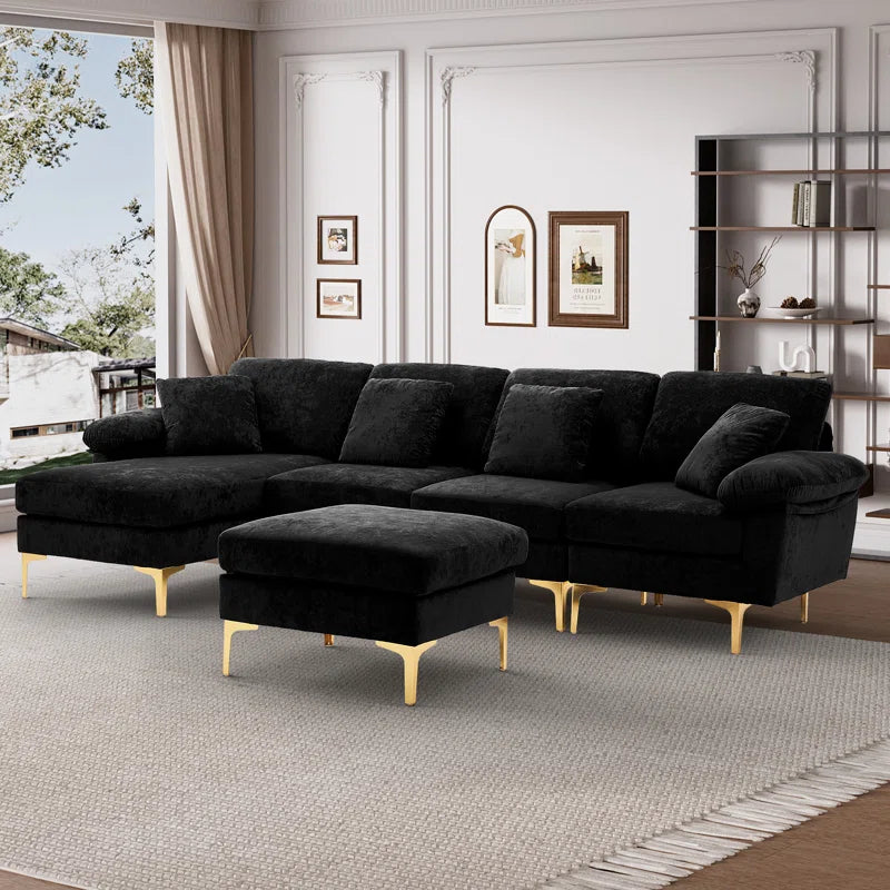 L-Shape Sectional Sofa: 4 - Piece Upholstered Sectional with Ottoman(Black Velvet)