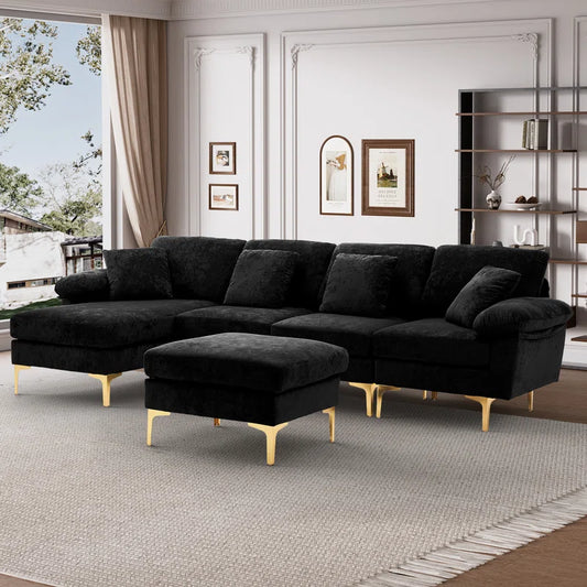 L-Shape Sectional Sofa: 4 - Piece Upholstered Sectional with Ottoman(Black Velvet)