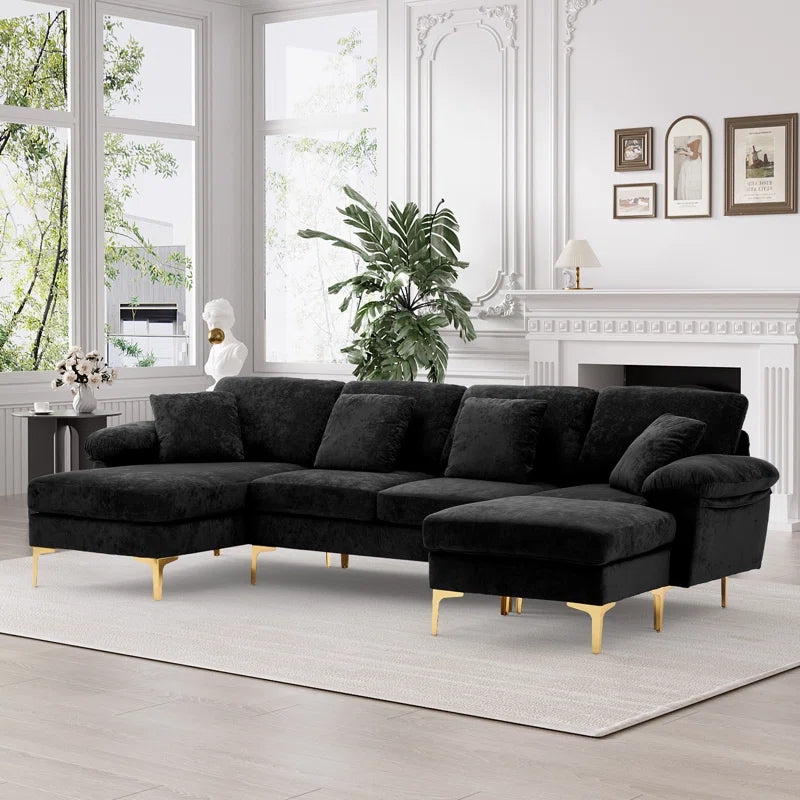 L-Shape Sectional Sofa: 4 - Piece Upholstered Sectional with Ottoman(Black Velvet)