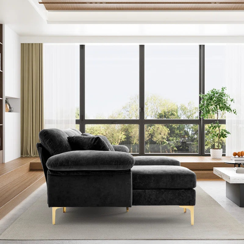 L-Shape Sectional Sofa: 4 - Piece Upholstered Sectional with Ottoman(Black Velvet)