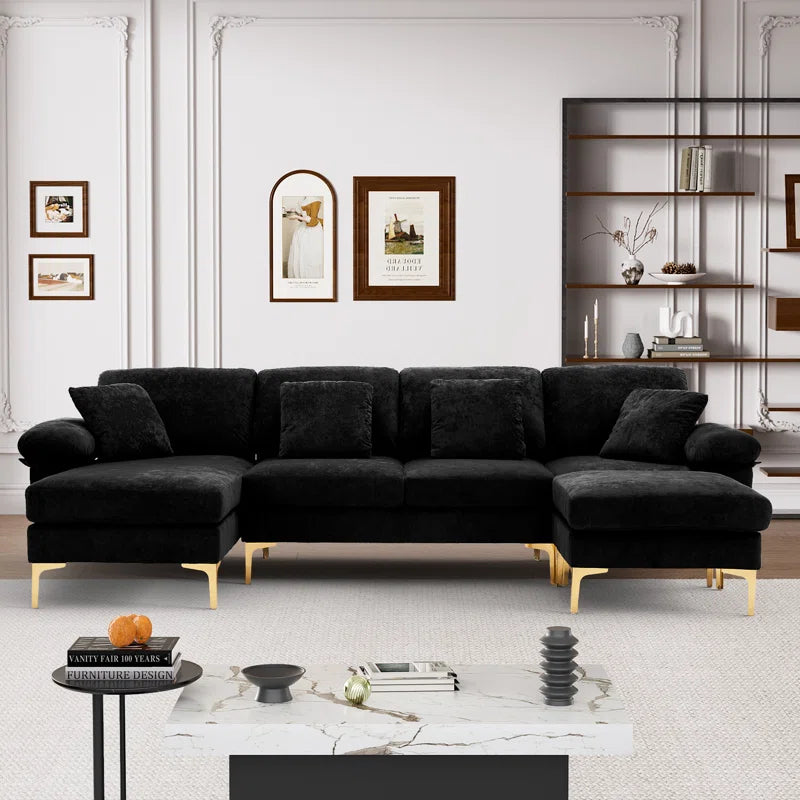 L-Shape Sectional Sofa: 4 - Piece Upholstered Sectional with Ottoman(Black Velvet)