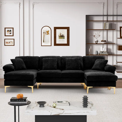 L-Shape Sectional Sofa: 4 - Piece Upholstered Sectional with Ottoman(Black Velvet)