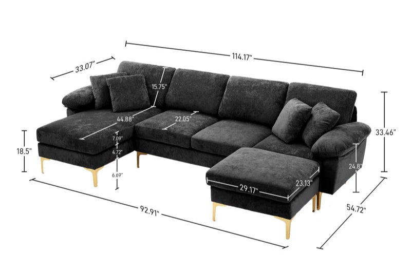 L-Shape Sectional Sofa: 4 - Piece Upholstered Sectional with Ottoman(Black Velvet)